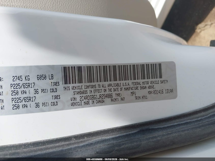 2018 Dodge Grand caravan VIN 2C4RDGBG1JR254886 IAAI salvage auction — NORMAL WEAR, Sf97 (Ohio), sold $13,000 on 2026-07-15 (photo 9)