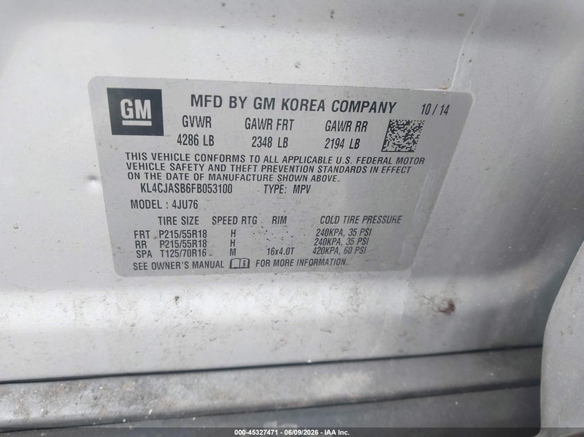 2015 Buick Encore VIN KL4CJASB6FB053100 IAAI salvage auction — NORMAL WEAR, Clear (Tennessee), sold $550 on 2026-07-09 (photo 9)