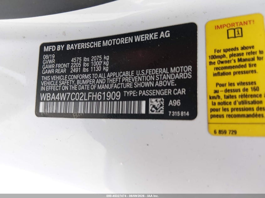 2020 BMW 4er VIN WBA4W7C02LFH61909 IAAI salvage auction — SIDE, Salvage Title, sold $5,700 on 2026-08-05 (photo 9)