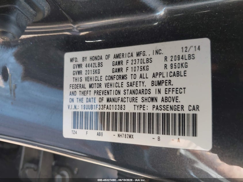 2015 Acura Tlx VIN 19UUB1F33FA010383 IAAI salvage auction — LEFT REAR, Clear (Oklahoma), sold $2,250 on 2026-09-30 (photo 9)