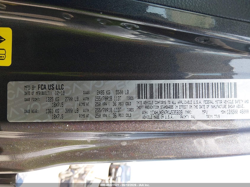 2019 Jeep Wrangler / VIN 1C4HJXEN7KW535839 IAAI salvage auction — RIGHT FRONT, Salvage Title, sold $12,400 on 2026-07-19 (photo 9)