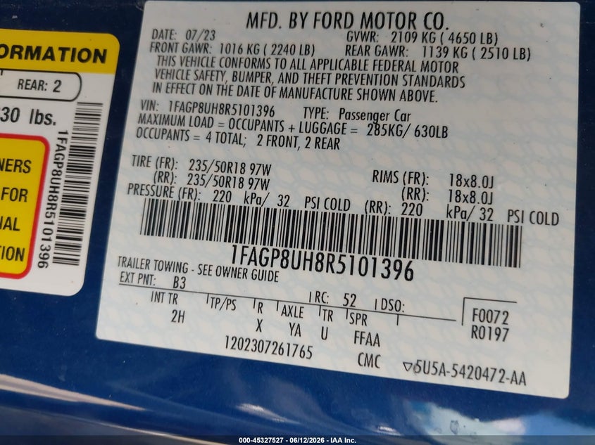 2024 Ford Mustang VIN 1FAGP8UH8R5101396 IAAI salvage auction — SIDE, Original (Texas), sold $9,600 on 2026-07-30 (photo 9)