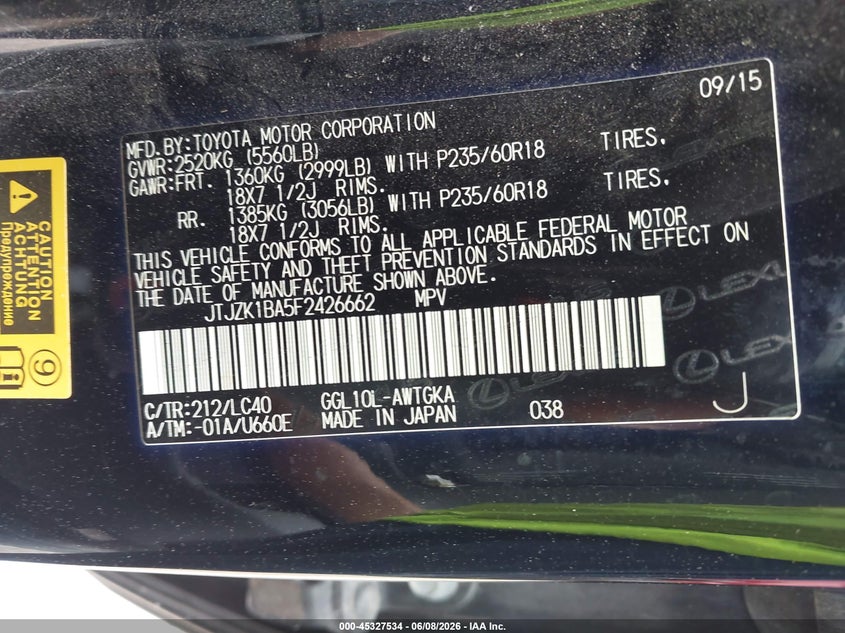 2015 Lexus Rx VIN JTJZK1BA5F2426662 IAAI salvage auction — FRONT END, Salvage Title, sold $2,450 on 2026-07-13 (photo 9)