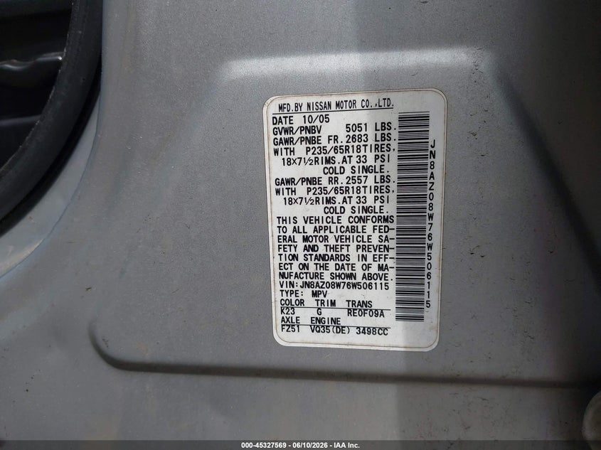 2006 Nissan Murano VIN JN8AZ08W76W506115 IAAI salvage auction — FRONT & REAR, Salvage (New Jersey), sold $425 on 2026-07-22 (photo 9)