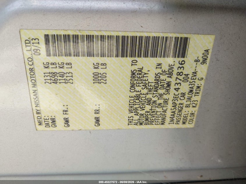 2014 Nissan Maxima VIN 1N4AA5AP3EC437836 IAAI salvage auction — NORMAL WEAR, Clear - Dealer Only (California), sold $400 on 2026-07-09 (photo 9)