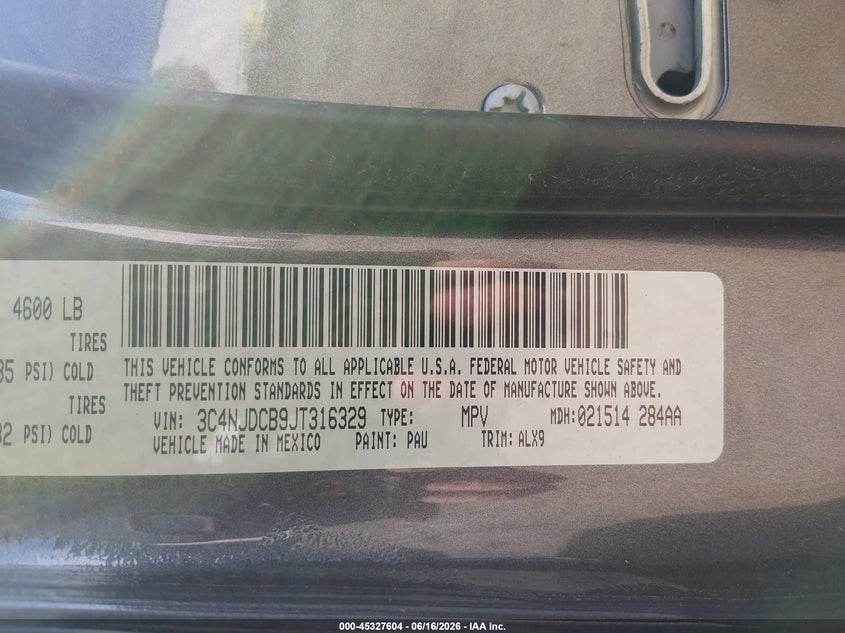 2018 Jeep Compass VIN 3C4NJDCB9JT316329 IAAI salvage auction — FRONT END, Salvage Title, sold $1,900 on 2026-08-13 (photo 9)