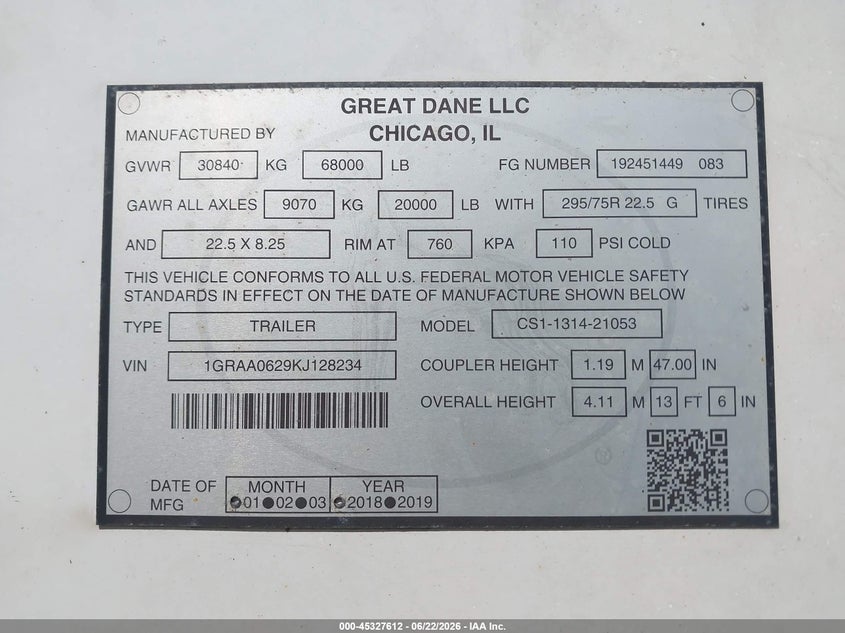 2019 Great dane trailers Unknown VIN 1GRAA0629KJ128234 IAAI salvage auction — SIDE, Salvage (Illinois), sold $1,550 on 2026-07-22 (photo 9)