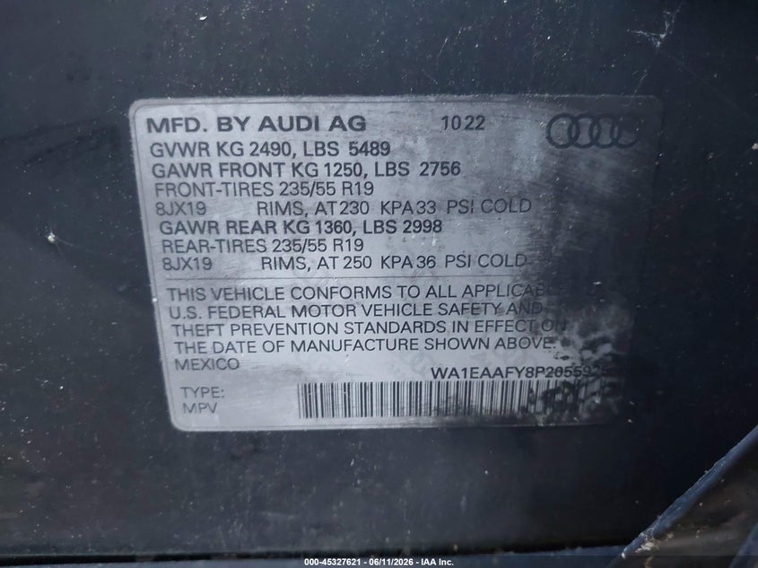 2023 Audi Q5 VIN WA1EAAFY8P2055925 IAAI salvage auction — ENGINE BURN, Certificate Of Destruction (Florida), sold $900 on 2026-07-15 (photo 9)