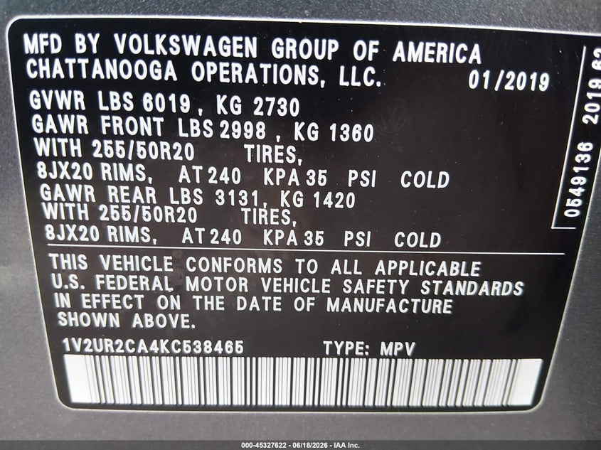 2019 Volkswagen Atlas VIN 1V2UR2CA4KC538465 IAAI salvage auction — RIGHT FRONT, Salvage (Mississippi), sold $4,150 on 2026-07-18 (photo 9)