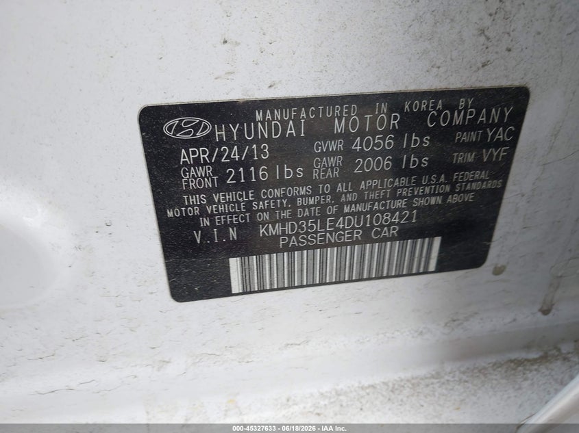 2013 Hyundai Elantra VIN KMHD35LE4DU108421 IAAI salvage auction — FRONT END, Clear (Massachusetts), sold $475 on 2026-07-28 (photo 9)