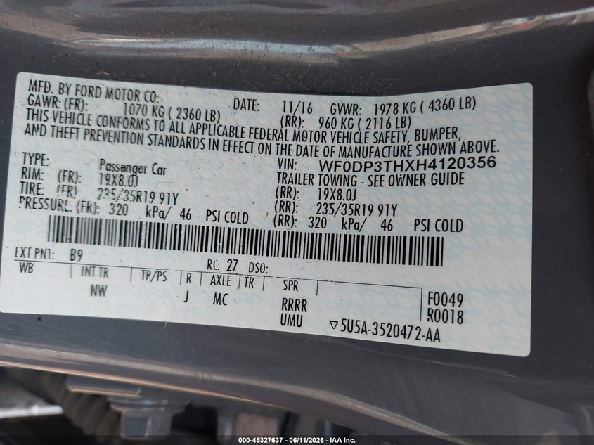 2017 Ford Focus rs VIN WF0DP3THXH4120356 IAAI salvage auction — FRONT END, Salvage Title, sold $3,275 on 2026-07-29 (photo 9)
