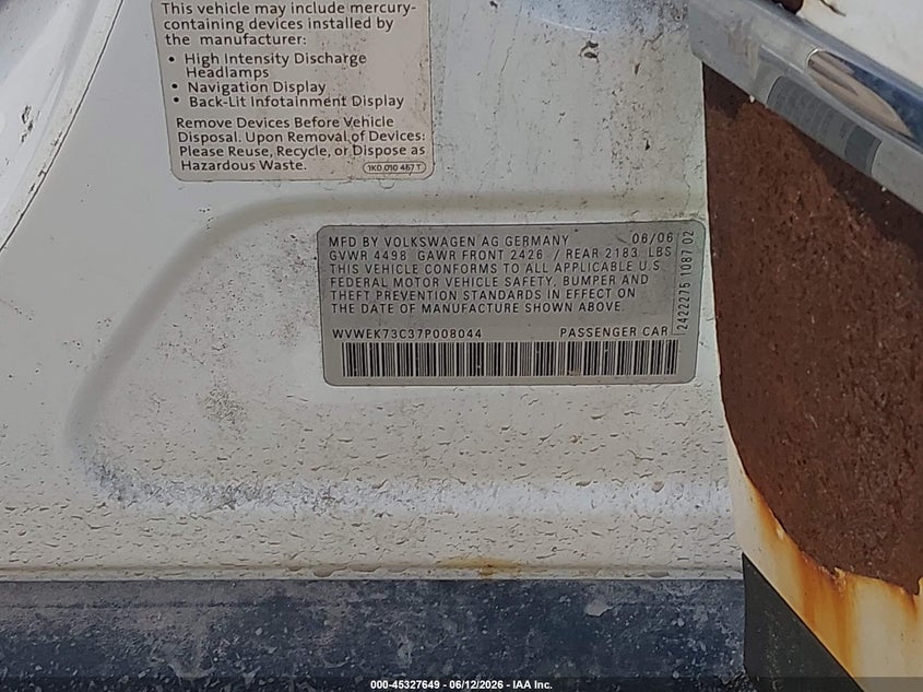 2007 Volkswagen Passat VIN WVWEK73C37P008044 IAAI salvage auction — LEFT & RIGHT, Nrc Lienholder Repossession Paperwork (Iowa), sold $400 on 2026-07-20 (photo 9)