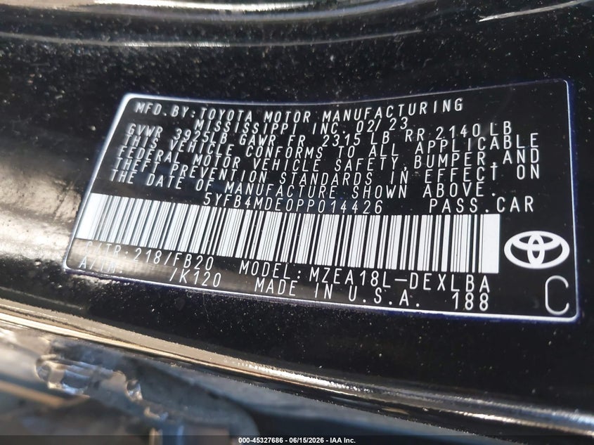 2023 Toyota Corolla VIN 5YFB4MDE0PP014426 IAAI salvage auction — WATER/FLOOD, Salvage Title, sold $1,650 on 2026-07-21 (photo 9)