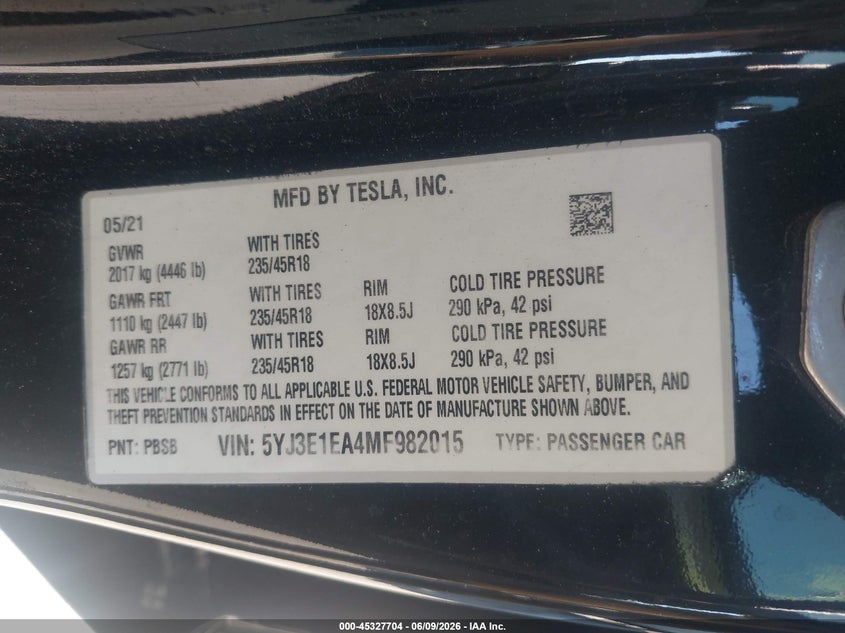 2021 Tesla Model 3 VIN 5YJ3E1EA4MF982015 IAAI salvage auction — REAR END, Salvage Title, sold $4,650 on 2026-07-21 (photo 9)