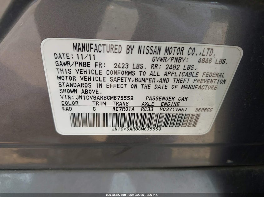 2012 Infiniti G VIN JN1CV6AR8CM675559 IAAI salvage auction — FRONT END, Salvage (Ohio), sold $375 on 2026-07-16 (photo 9)
