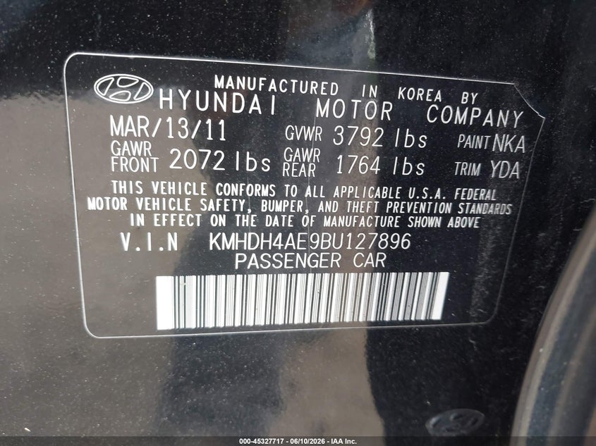 2011 Hyundai Elantra VIN KMHDH4AE9BU127896 IAAI salvage auction — NORMAL WEAR, Clear (New Jersey), sold $600 on 2026-07-08 (photo 9)