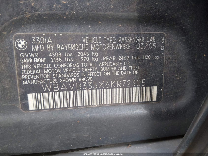 2006 BMW 3 series VIN WBAVB335X6KR72305 IAAI salvage auction — FRONT END, Salvage (South Carolina), sold $25 on 2026-07-14 (photo 9)