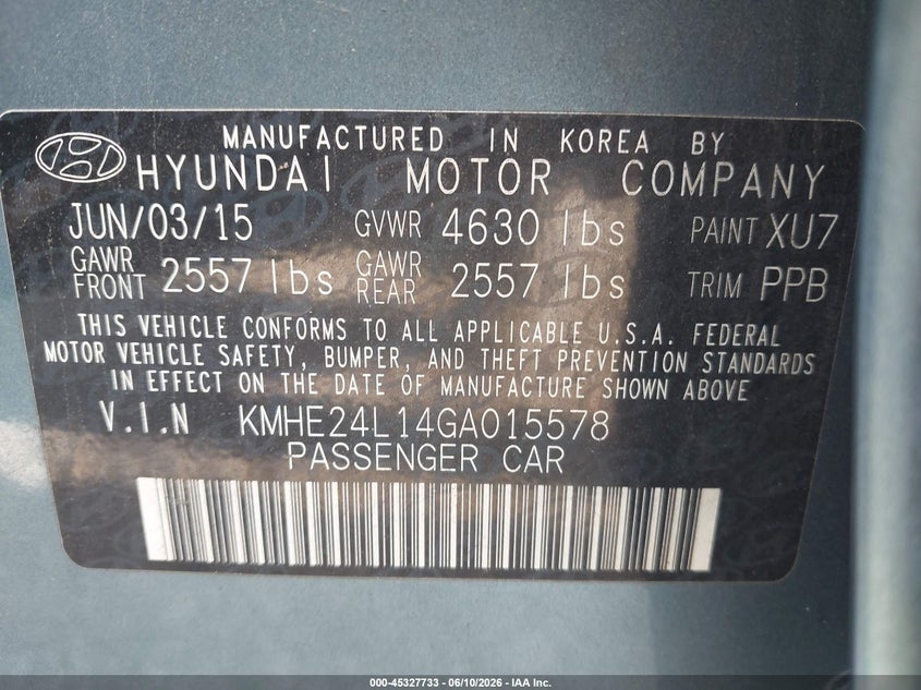2016 Hyundai Sonata VIN KMHE24L14GA015578 IAAI salvage auction — NORMAL WEAR, Clear (Florida), sold $1,175 on 2026-07-16 (photo 9)