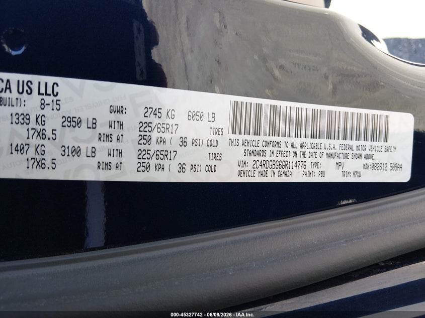 2016 Dodge Grand caravan VIN 2C4RDGBG6GR114776 IAAI salvage auction — ROOF, SF97 (California), sold $8,100 on 2026-07-28 (photo 9)
