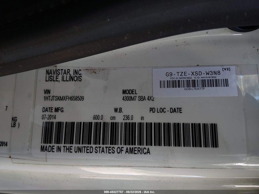 2015 International 4000 series VIN 1HTJTSKMXFH658509 IAAI salvage auction — NORMAL WEAR, Sf97 (Washington), sold $11,100 on 2026-07-29 (photo 9)