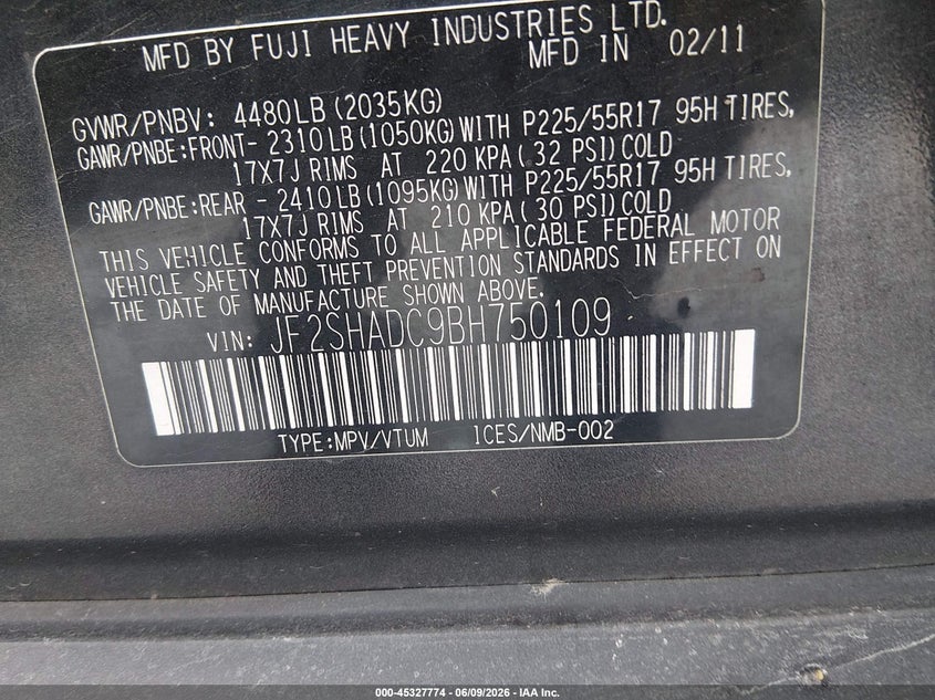 2011 Subaru Forester VIN JF2SHADC9BH750109 IAAI salvage auction — FRONT END, Salvage (Kentucky), sold $300 on 2026-07-13 (photo 9)