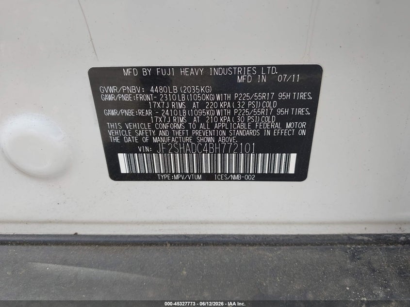 2011 Subaru Forester VIN JF2SHADC4BH772101 IAAI salvage auction — SIDE, Mv-907A (New York), sold $425 on 2026-07-07 (photo 9)