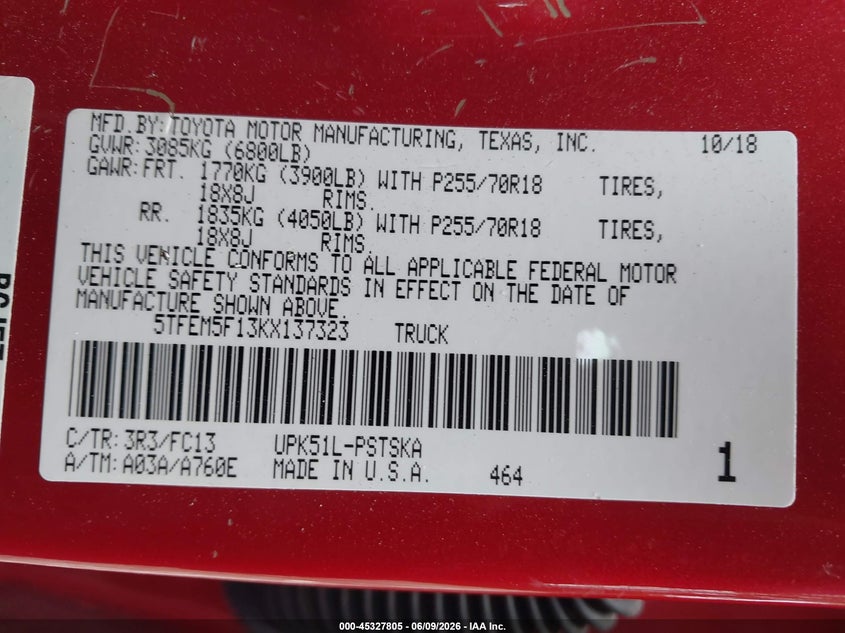 2019 Toyota Tundra VIN 5TFEM5F13KX137323 IAAI salvage auction — FRONT END, Salvage Title, sold $7,600 on 2026-07-24 (photo 9)