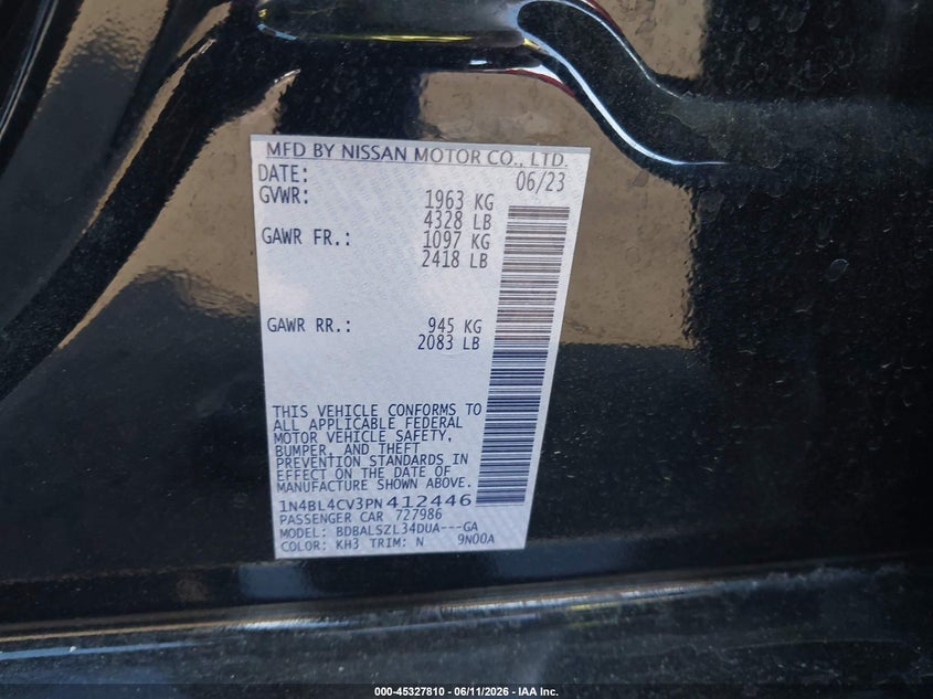 2023 Nissan Altima VIN 1N4BL4CV3PN412446 IAAI salvage auction — FRONT & REAR, Salvage Title, sold $700 on 2026-07-10 (photo 9)