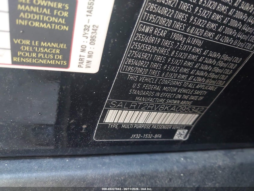 2019 Land rover Discovery VIN SALRT2RV8KA095342 IAAI salvage auction — FRONT END, Salvage (Massachusetts), sold $5,600 on 2026-07-18 (photo 9)