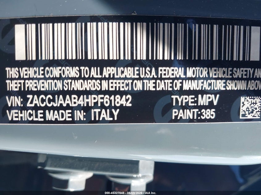 2017 Jeep Renegade VIN ZACCJAAB4HPF61842 IAAI salvage auction — LEFT FRONT, Salvage Title, sold $1,350 on 2026-07-15 (photo 9)
