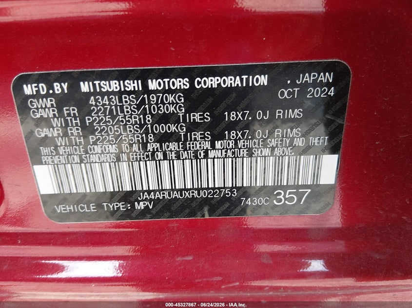 2024 Mitsubishi Outlander VIN JA4ARUAUXRU022753 IAAI salvage auction — LEFT FRONT, Salvage Title, sold $4,300 on 2026-07-14 (photo 9)