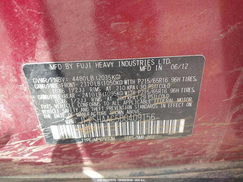 2013 Subaru Forester VIN JF2SHAAC5DG409156 IAAI salvage auction — FRONT END, Salvage Title, sold $500 on 2026-07-14 (photo 9)