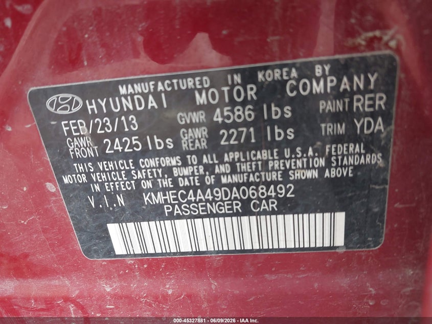 2013 Hyundai Sonata VIN KMHEC4A49DA068492 IAAI salvage auction — UNDERCARRIAGE, Salvage Title, sold $300 on 2026-07-15 (photo 9)