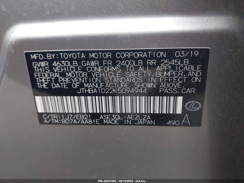 2019 Lexus Is VIN JTHBA1D22K5094944 IAAI salvage auction — RIGHT SIDE, Non-Repairable (Arizona), sold $4,750 on 2026-07-21 (photo 9)
