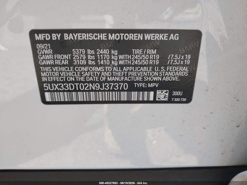 2022 BMW X4 VIN 5UX33DT02N9J37370 IAAI salvage auction — RIGHT SIDE, Mv-907A (New York), sold $19,250 on 2026-07-14 (photo 9)