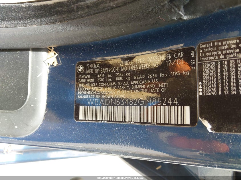 2002 BMW 5er VIN WBADN63482GN85244 IAAI salvage auction — NORMAL WEAR, Salvage (California), sold $400 on 2026-07-09 (photo 9)