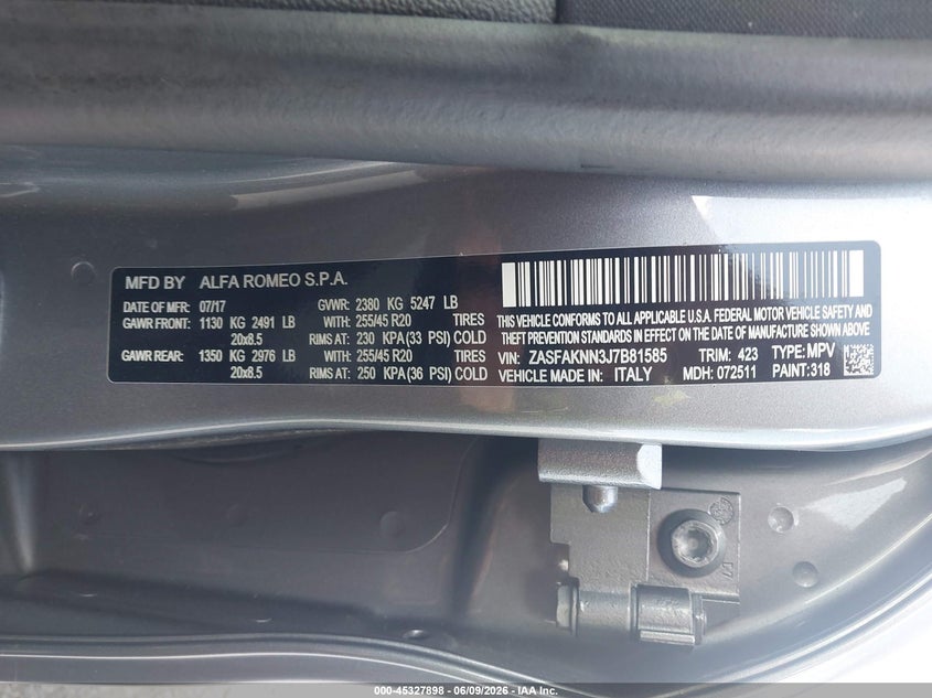 2018 Alfa romeo Stelvio VIN ZASFAKNN3J7B81585 IAAI salvage auction — FRONT END, Salvage Title, sold $3,550 on 2026-07-29 (photo 9)