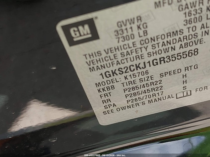 2016 Gmc Yukon VIN 1GKS2CKJ1GR355568 IAAI salvage auction — WATER/FLOOD, Salvage Title, sold $2,850 on 2026-07-31 (photo 9)