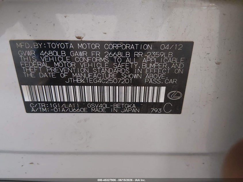 2012 Lexus ES VIN JTHBK1EG4C2507201 IAAI salvage auction — REAR END, Salvage (Tennessee), sold $725 on 2026-07-29 (photo 9)