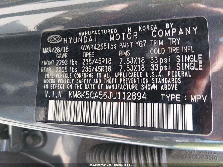 2018 Hyundai Kona VIN KM8K5CA56JU112894 IAAI salvage auction — FRONT END, Salvage Title, sold $1,900 on 2026-07-30 (photo 9)