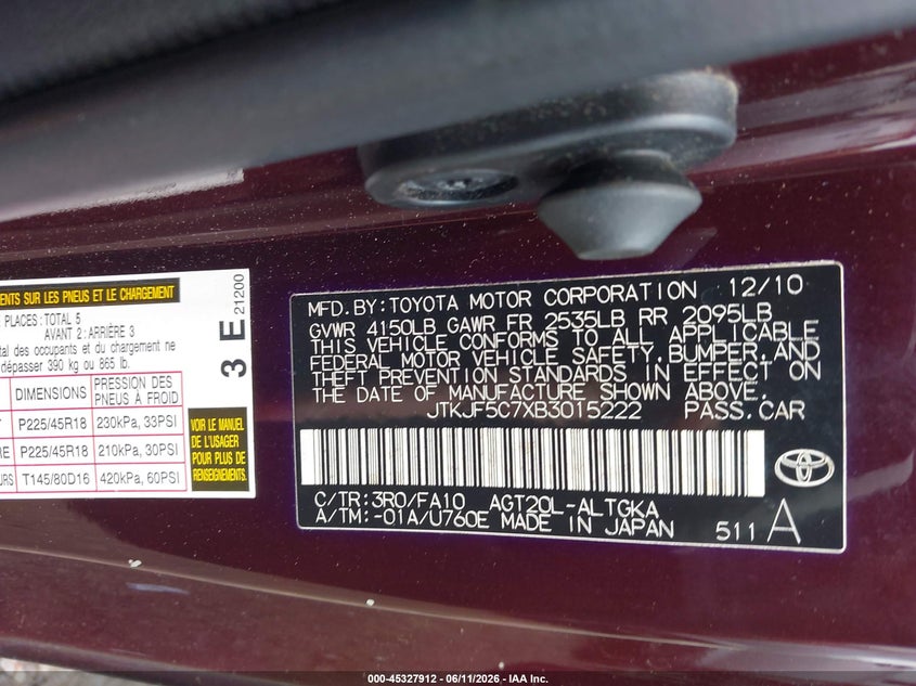 2011 Scion Tc VIN JTKJF5C7XB3015222 IAAI salvage auction — RIGHT SIDE, Clear (Virginia), sold $25 on 2026-07-28 (photo 9)