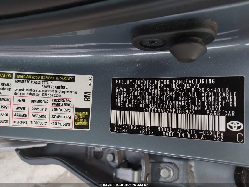 2021 Toyota Corolla VIN 5YFEPMAE7MP165977 IAAI salvage auction — FRONT END, Salvage Title, sold $2,200 on 2026-07-29 (photo 9)