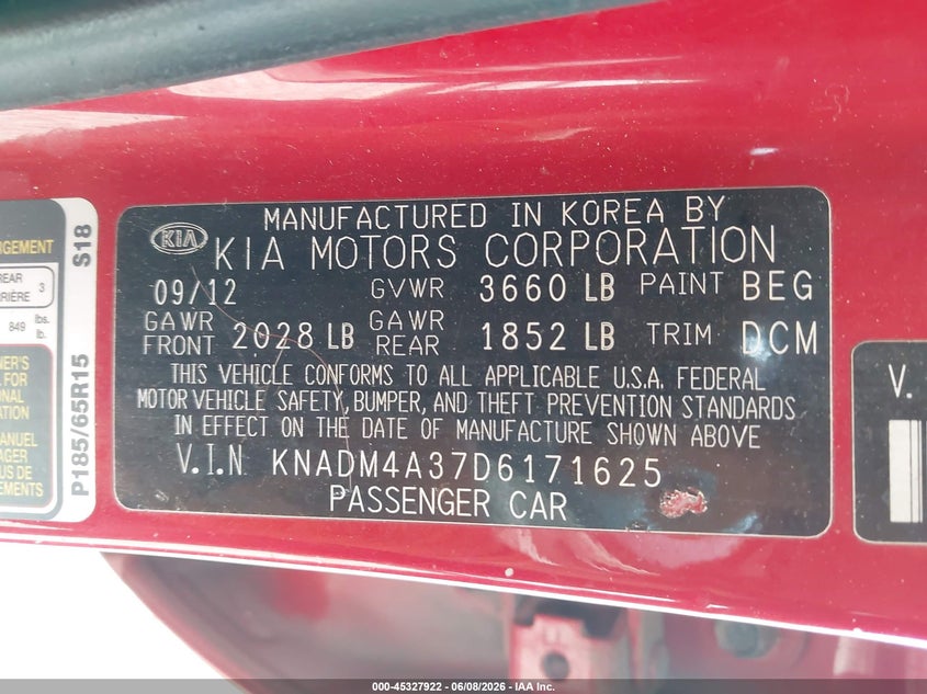 2013 Kia Rio VIN KNADM4A37D6171625 IAAI salvage auction — RIGHT SIDE, Repossession Paperwork (Georgia), sold $700 on 2026-07-06 (photo 9)
