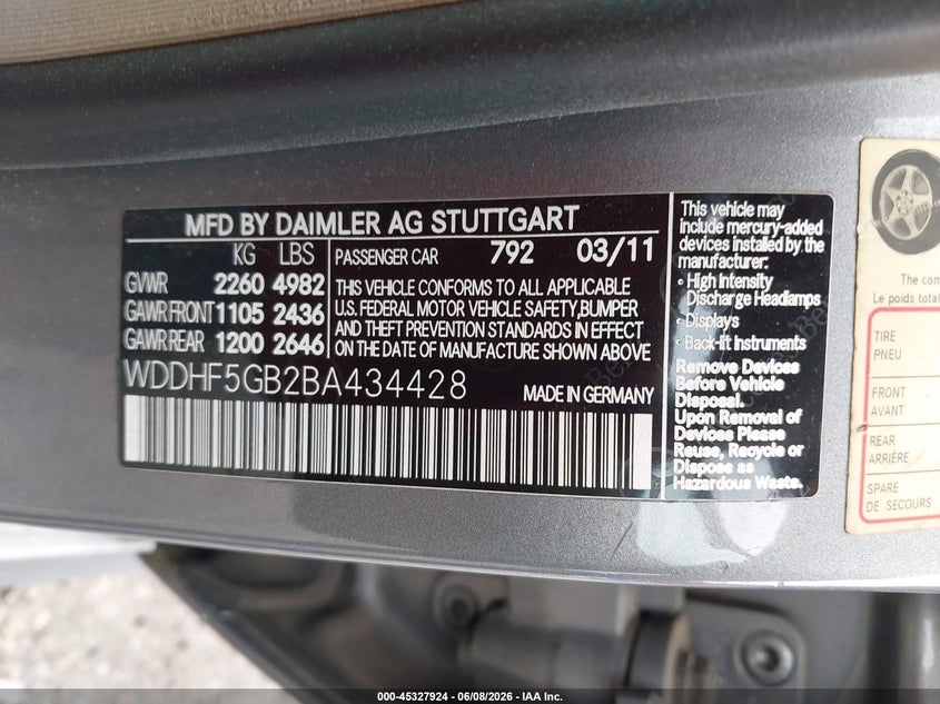 2011 Mercedes-benz E-class VIN WDDHF5GB2BA434428 IAAI salvage auction — ELECTRICAL, Salvage (Mississippi), sold $600 on 2026-07-22 (photo 9)