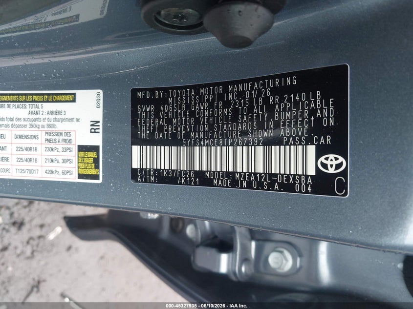 2026 Toyota Corolla VIN 5YFS4MCE8TP267392 IAAI salvage auction — FRONT END, Salvage Title, sold $7,100 on 2026-07-28 (photo 9)
