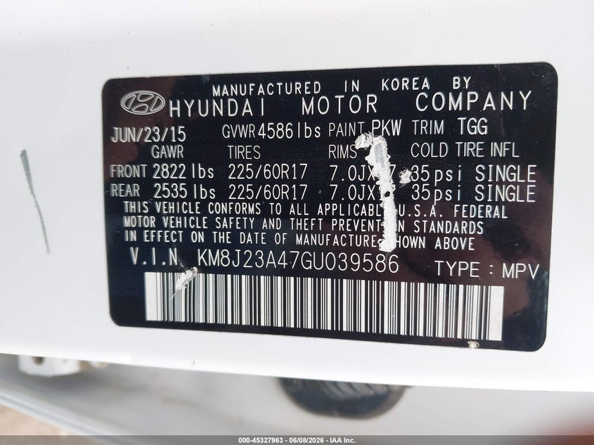 2016 Hyundai Tucson VIN KM8J23A47GU039586 IAAI salvage auction — HAIL, Salvage Title, sold $1,925 on 2026-07-22 (photo 9)