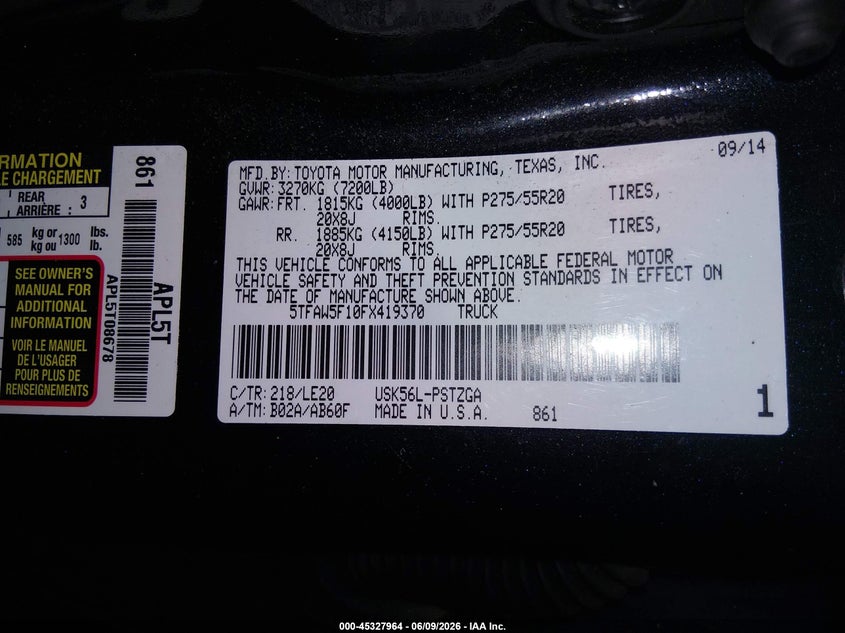 2015 Toyota Tundra VIN 5TFAW5F10FX419370 IAAI salvage auction — FRONT END, Salvage Title, sold $9,150 on 2026-07-15 (photo 9)