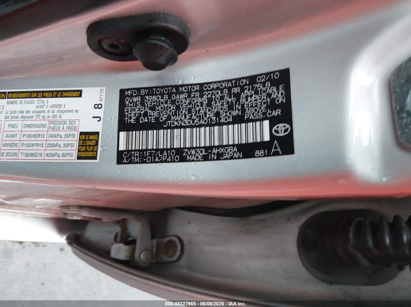 2010 Toyota Prius VIN JTDKN3DU5A0131404 IAAI salvage auction — FRONT END, Salvage (Missouri), sold $25 on 2026-07-21 (photo 9)