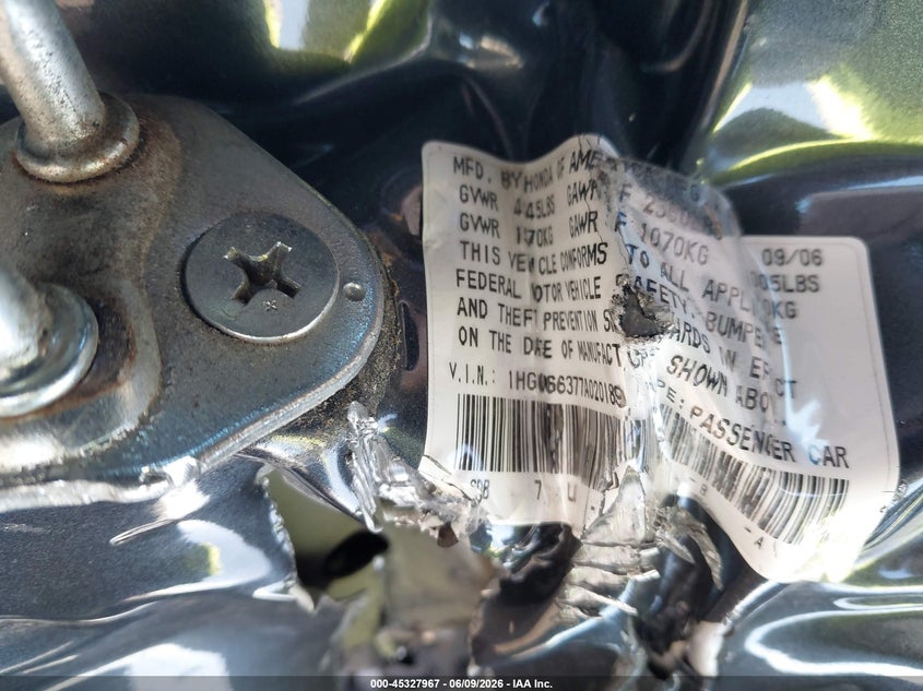 2007 Honda Accord VIN 1HGCM66377A020189 IAAI salvage auction — SIDE, Non-Repairable Certificate (California), sold $400 on 2026-07-10 (photo 9)