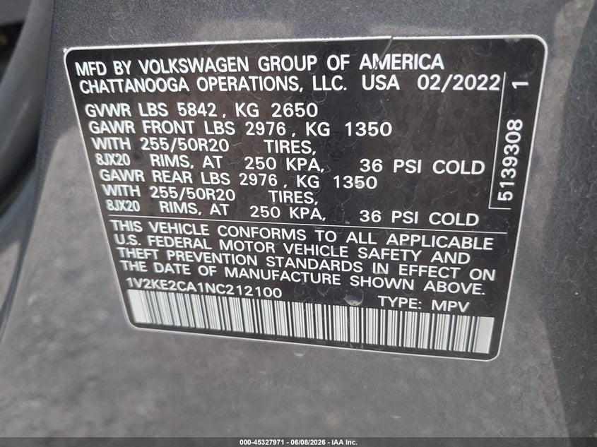 2022 Volkswagen Atlas cross sport VIN 1V2KE2CA1NC212100 IAAI salvage auction — RIGHT SIDE, Salvage Title, sold $8,900 on 2026-07-15 (photo 9)